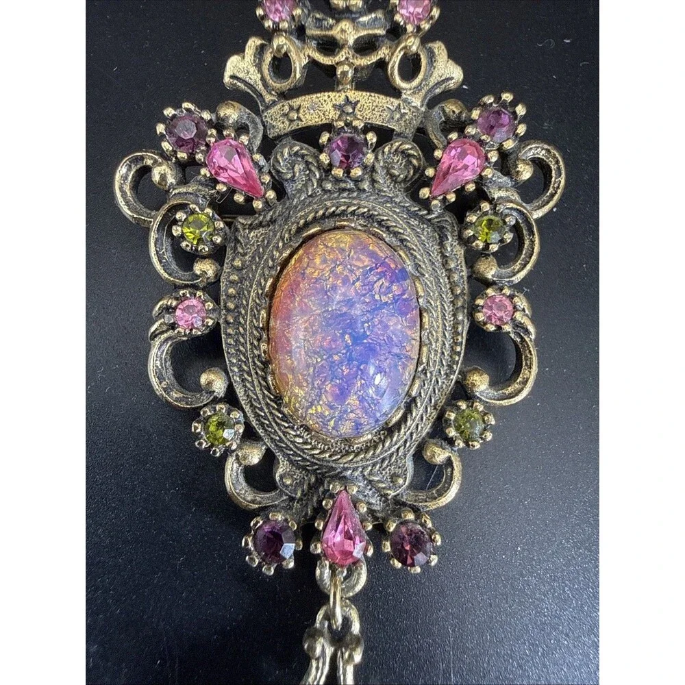 Vintage 1960s Sarah Coventry Contessa Brooch Ornate Faux Opal Stone Rhinestones